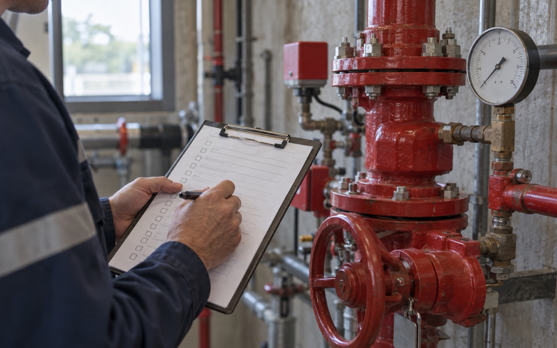 Technician completing an inspection checklist beside a sprinkler riser